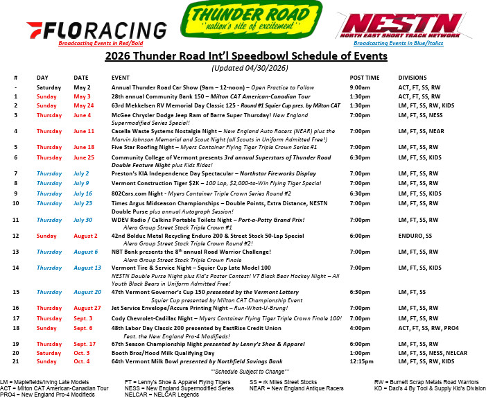 2026 Thunder Road Schedule